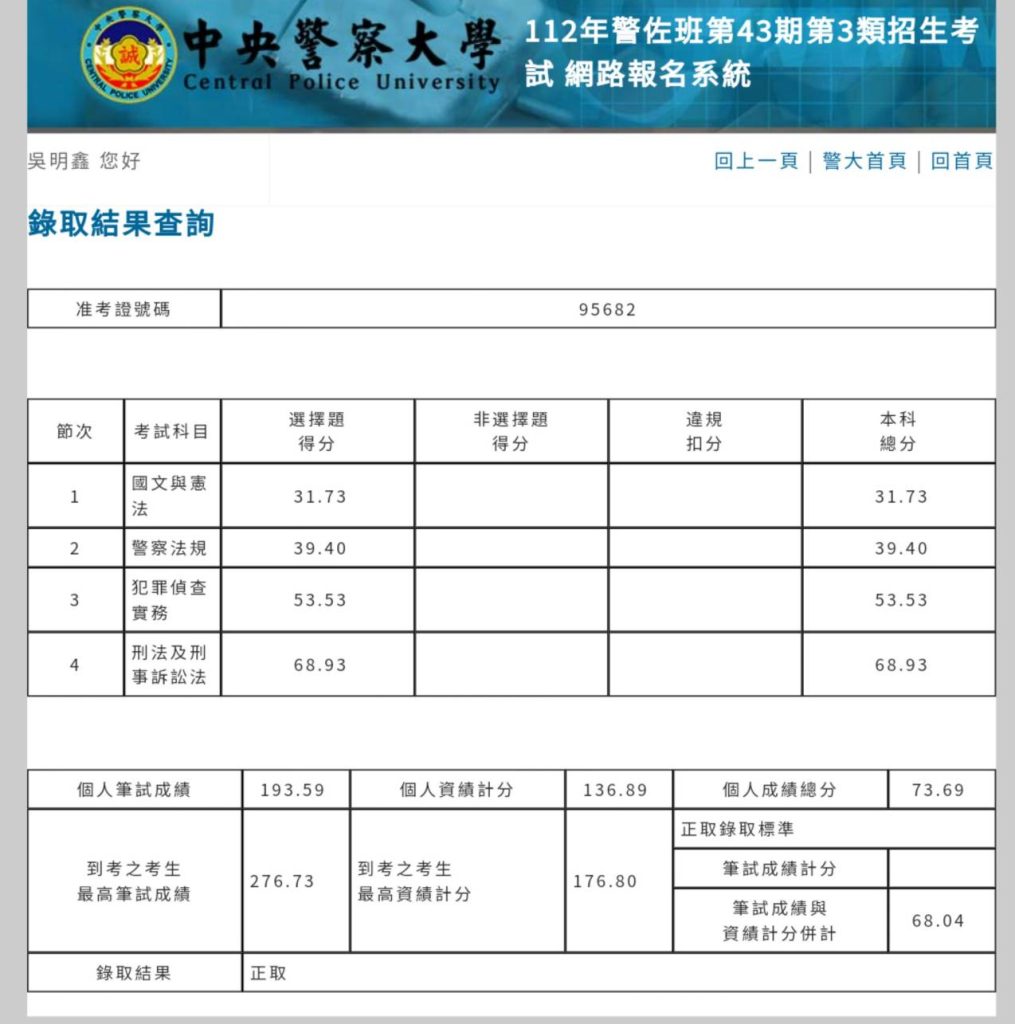吳明鑫112佐3類 成績單圖檔