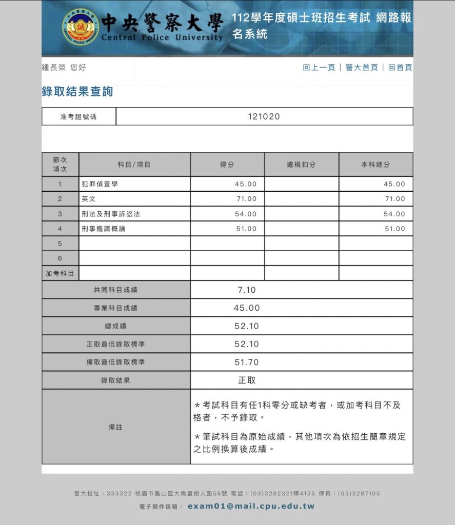 鍾長榮上榜之成績