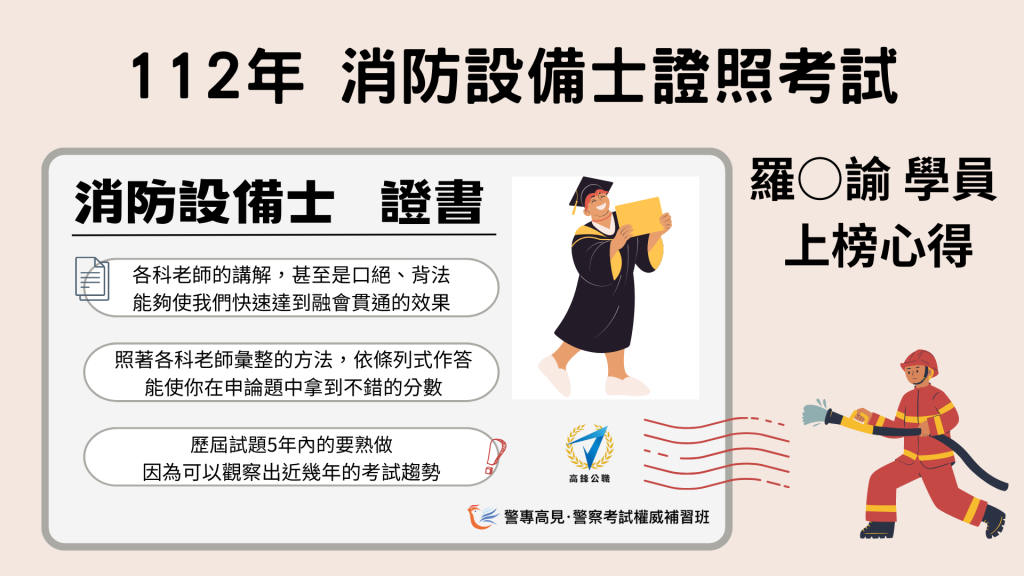 112年 消防設備師士 000學員 上榜心得 1