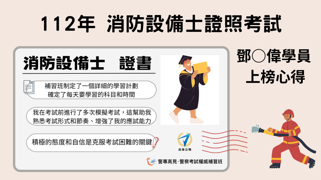112年 消防設備師士 000學員 上榜心得 2