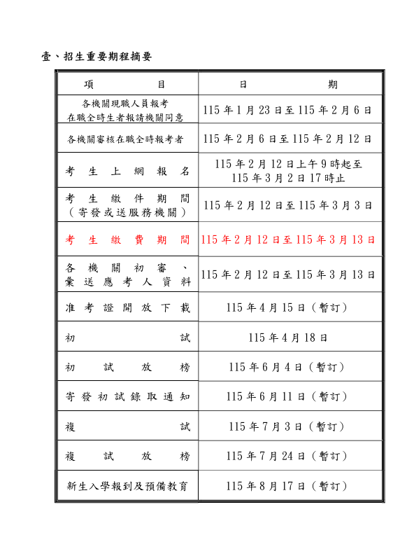 115年度警大研究所招生重要期程摘要