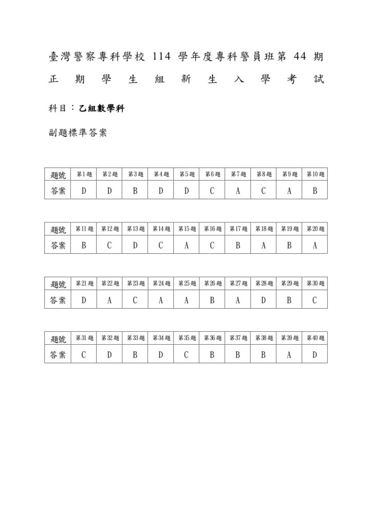 警專44期新生入學考試數乙答案